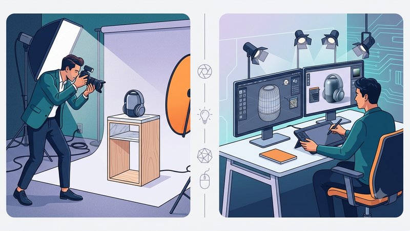 Сравнение профессиональной фотосъемки и 3D-визуализации товаров для оформления карточек в современном стиле